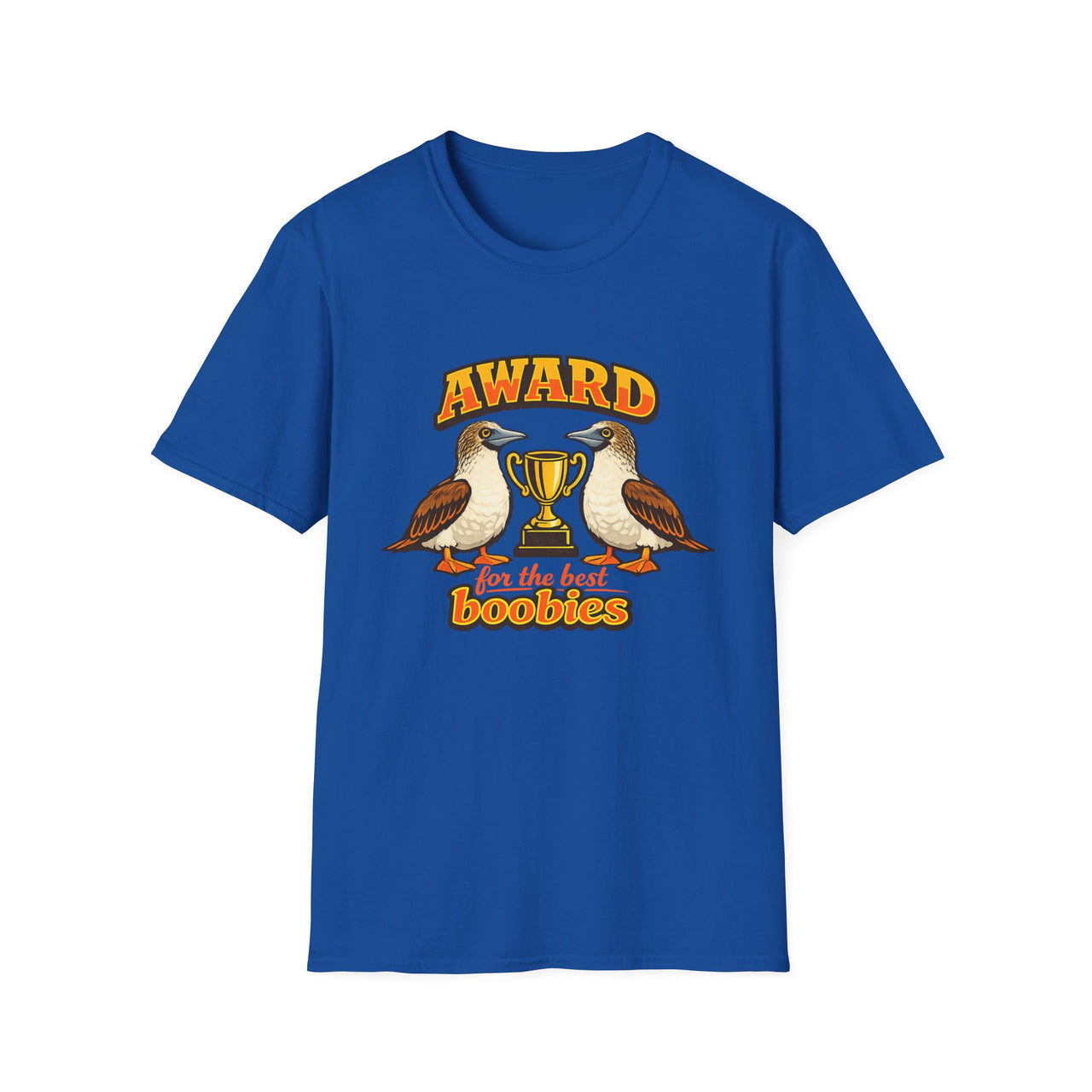 Royal Blue Award for the Best Boobies T-Shirt featuring two blue-footed booby birds, a gold trophy and Award for the Best Boobies design.