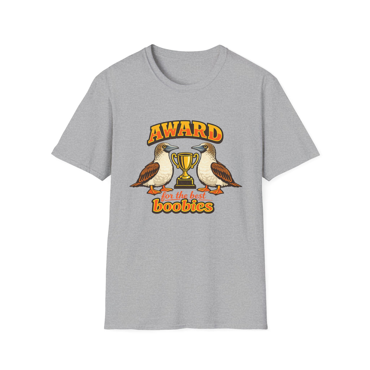 Sport Grey Award for the Best Boobies T-Shirt featuring two blue-footed booby birds, a gold trophy and Award for the Best Boobies design.