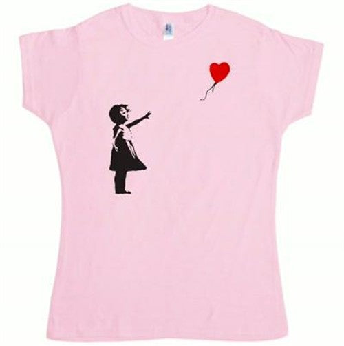 Banksy Girl With Balloon fitted women's T-shirt featuring a graphic of a girl with a balloon in black and white.