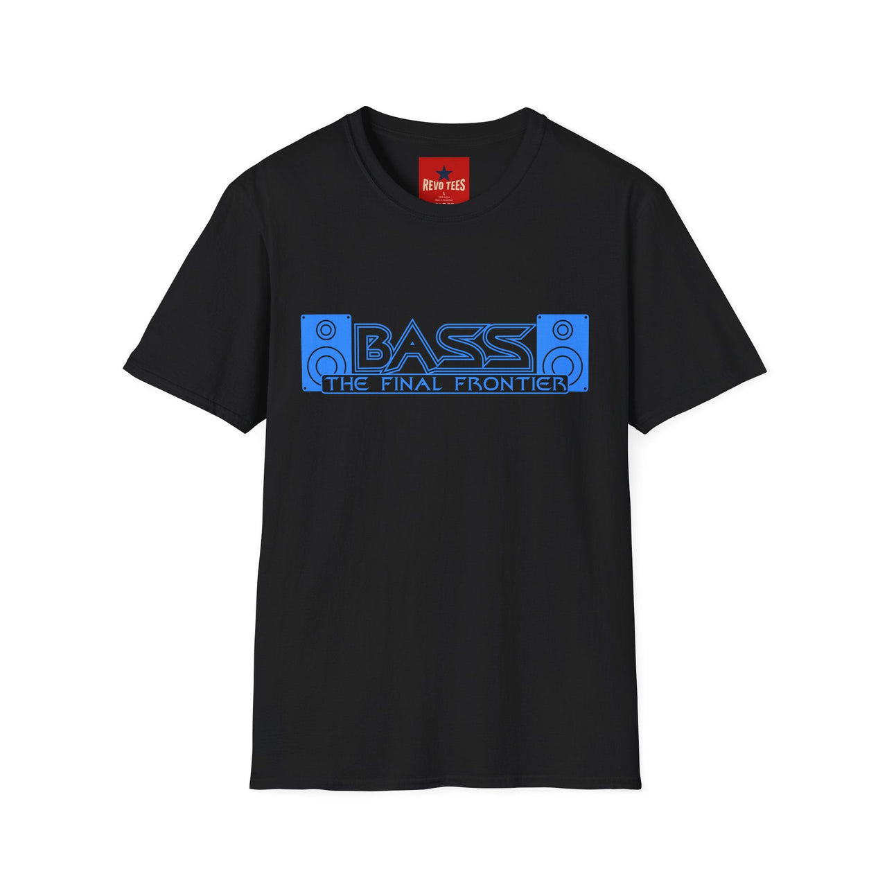 Black t-shirt with 'bass the final frontier' graphic design on a white background