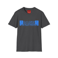 Thumbnail for A dark gray heather crewneck t-shirt featuring a blue graphic print on the chest that reads 'BASS THE FINAL FRONTIER' with speaker icons, shown against a plain white background.