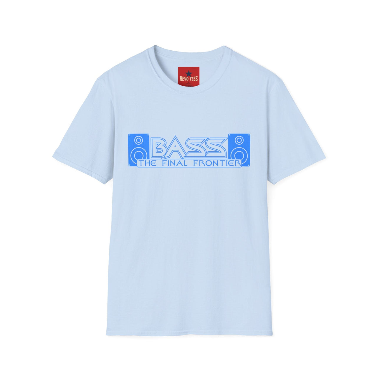 Light blue t-shirt with 'BASS The Final Frontier' graphic on a white background