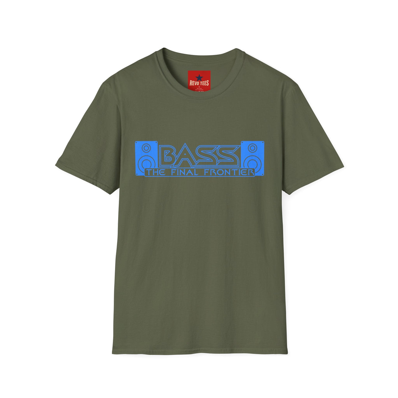 Green t-shirt with blue text on a white background