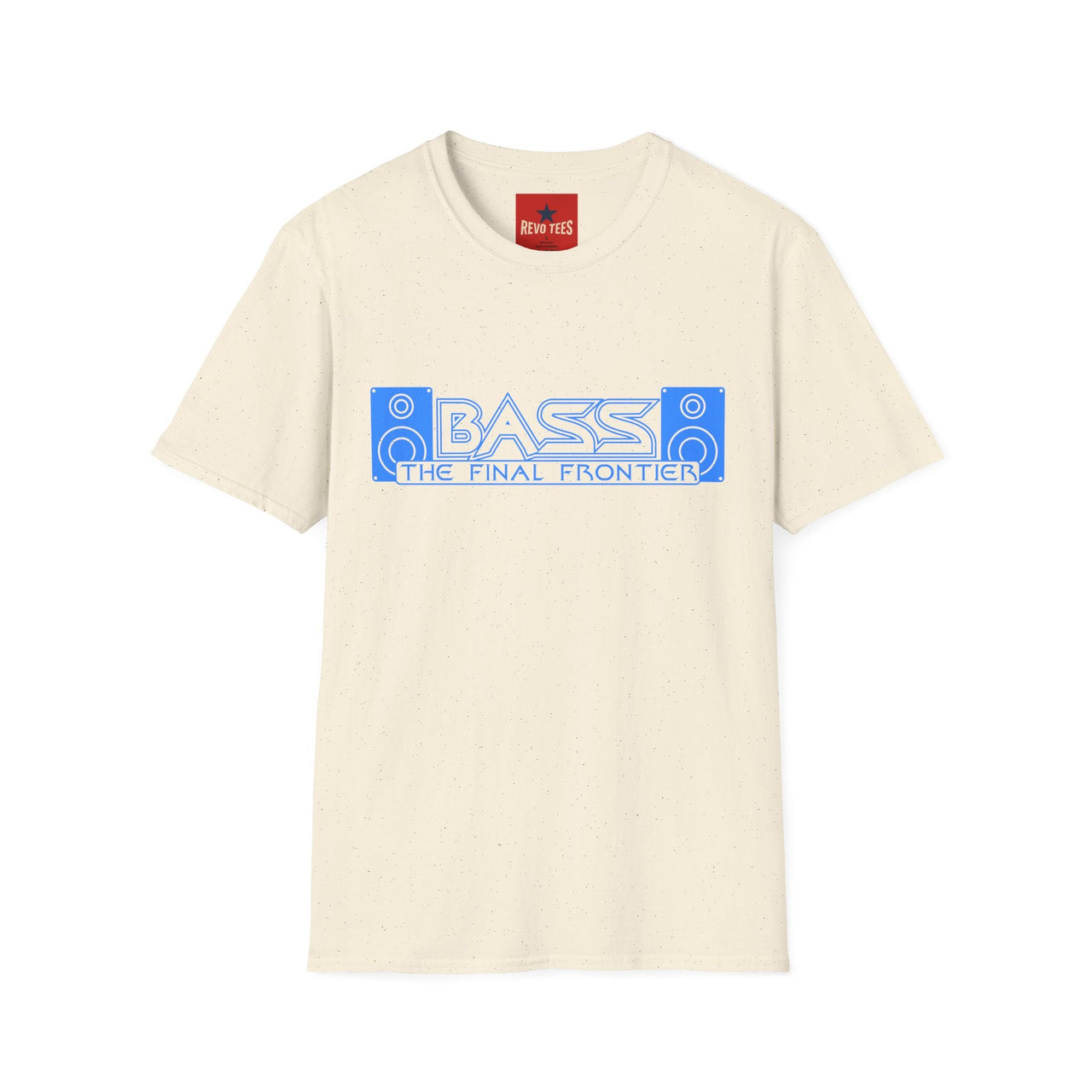 An natural off-white crewneck t-shirt featuring a blue graphic on the chest that reads 'BASS THE FINAL FRONTIER' with speaker illustrations, and a red neck label for 'BASS PRO'.