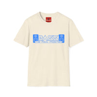 Thumbnail for An natural off-white crewneck t-shirt featuring a blue graphic on the chest that reads 'BASS THE FINAL FRONTIER' with speaker illustrations, and a red neck label for 'BASS PRO'.
