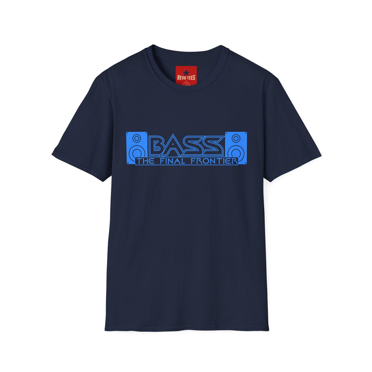 Navy blue t-shirt with 'Bass the final frontier' graphic on a white background