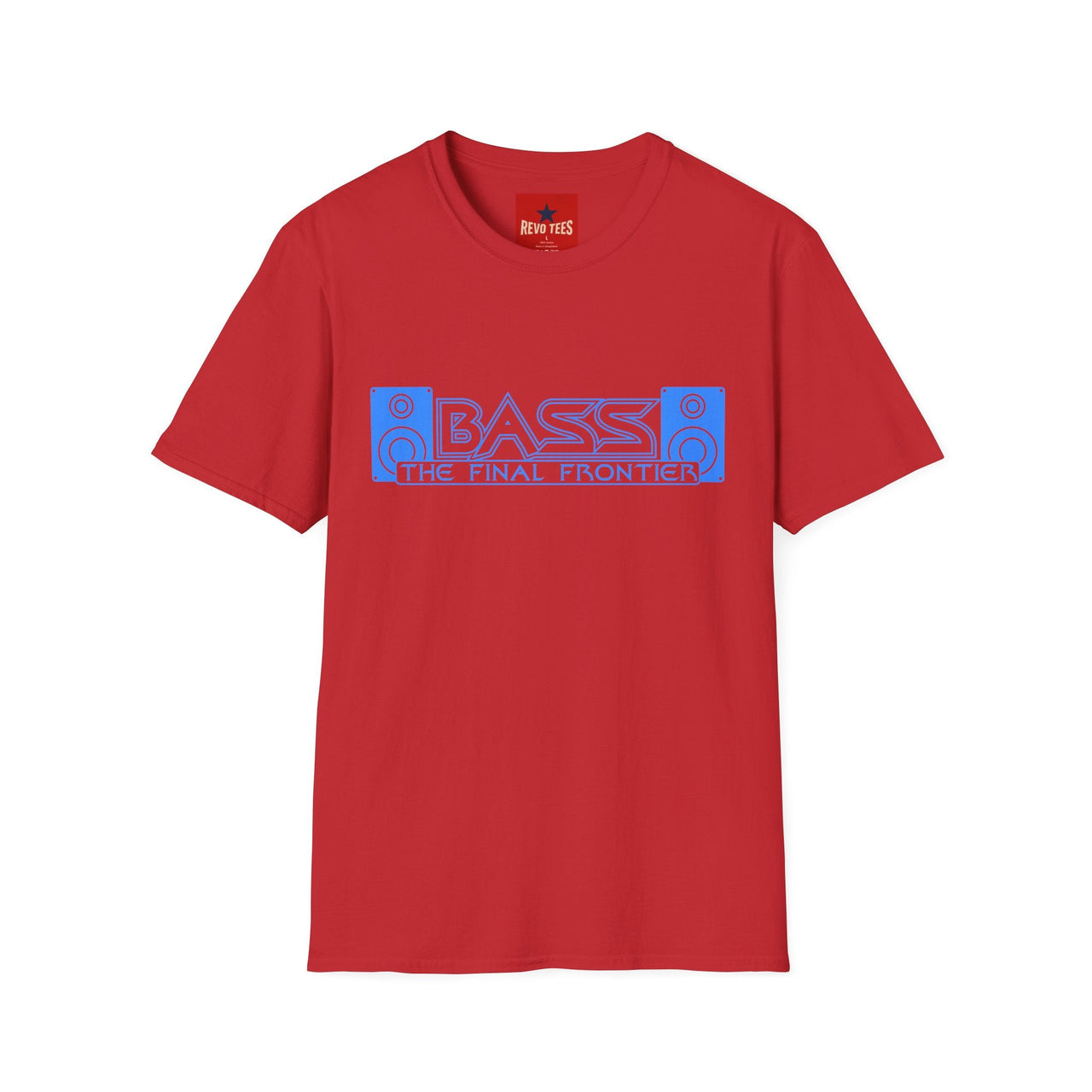 Red t-shirt with blue and white graphic design on a white background