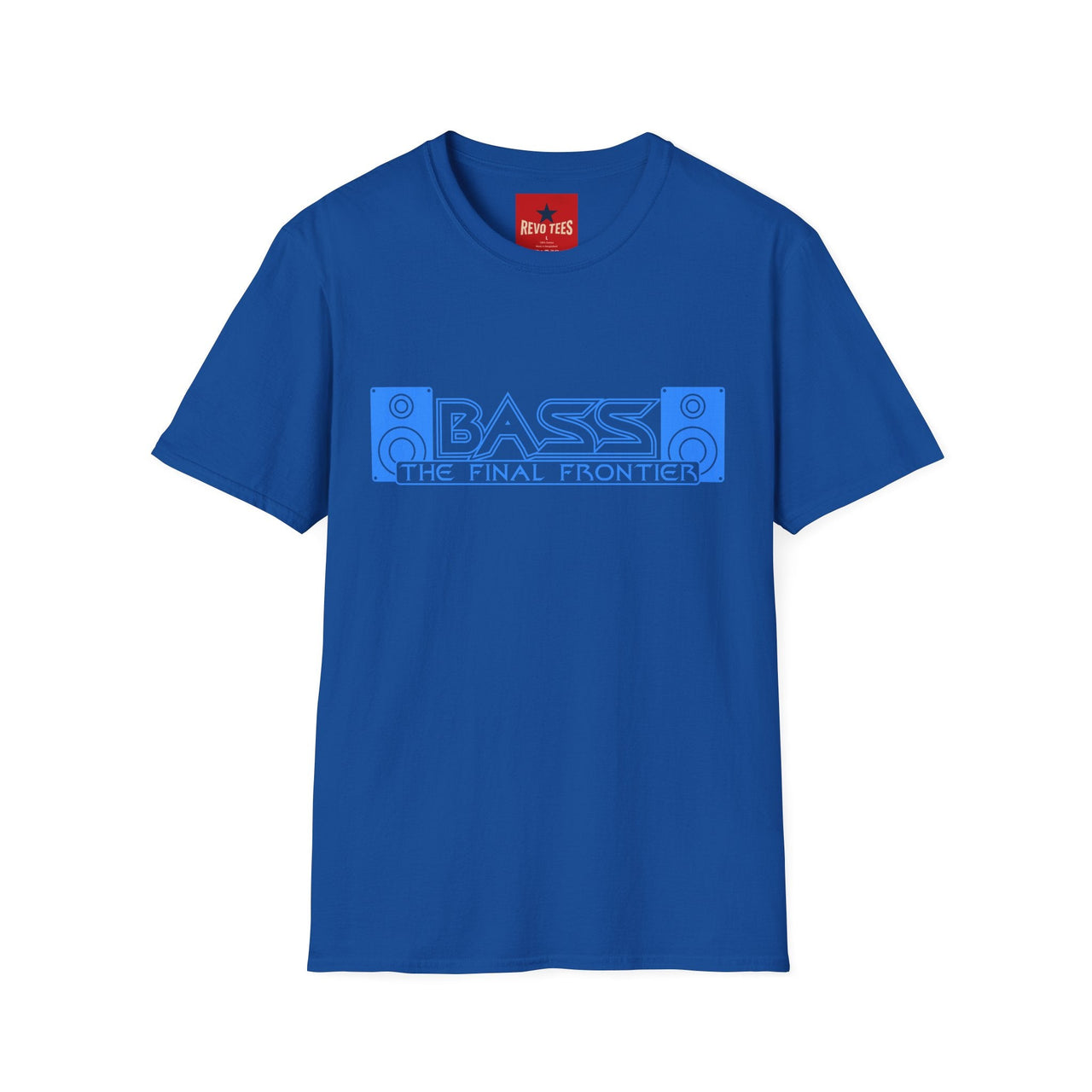Navy blue t-shirt with blue graphic and text on a white background
