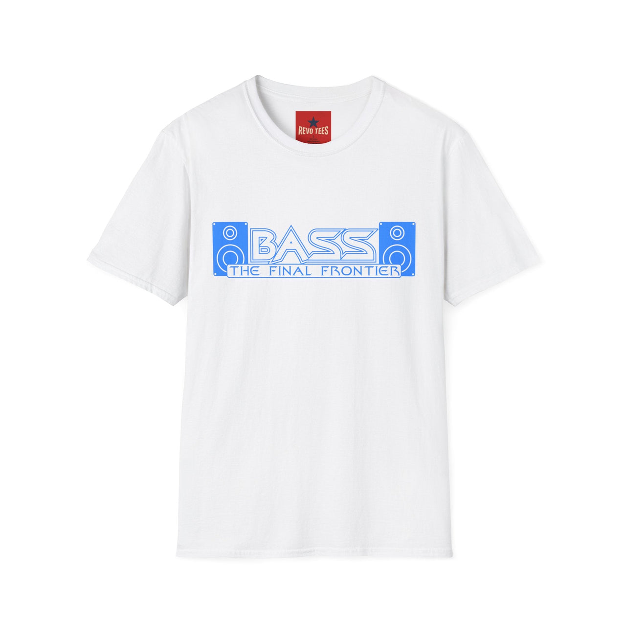 A white short-sleeve crewneck t-shirt featuring a blue graphic on the chest that reads 'BASS THE FINAL FRONTIER' with speaker illustrations, shown against a plain white background.