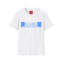 Thumbnail for A white short-sleeve crewneck t-shirt featuring a blue graphic on the chest that reads 'BASS THE FINAL FRONTIER' with speaker illustrations, shown against a plain white background.