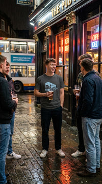 Thumbnail for Bus Wankers T-Shirt inspired by The Inbetweeners in Black at a British bus stop