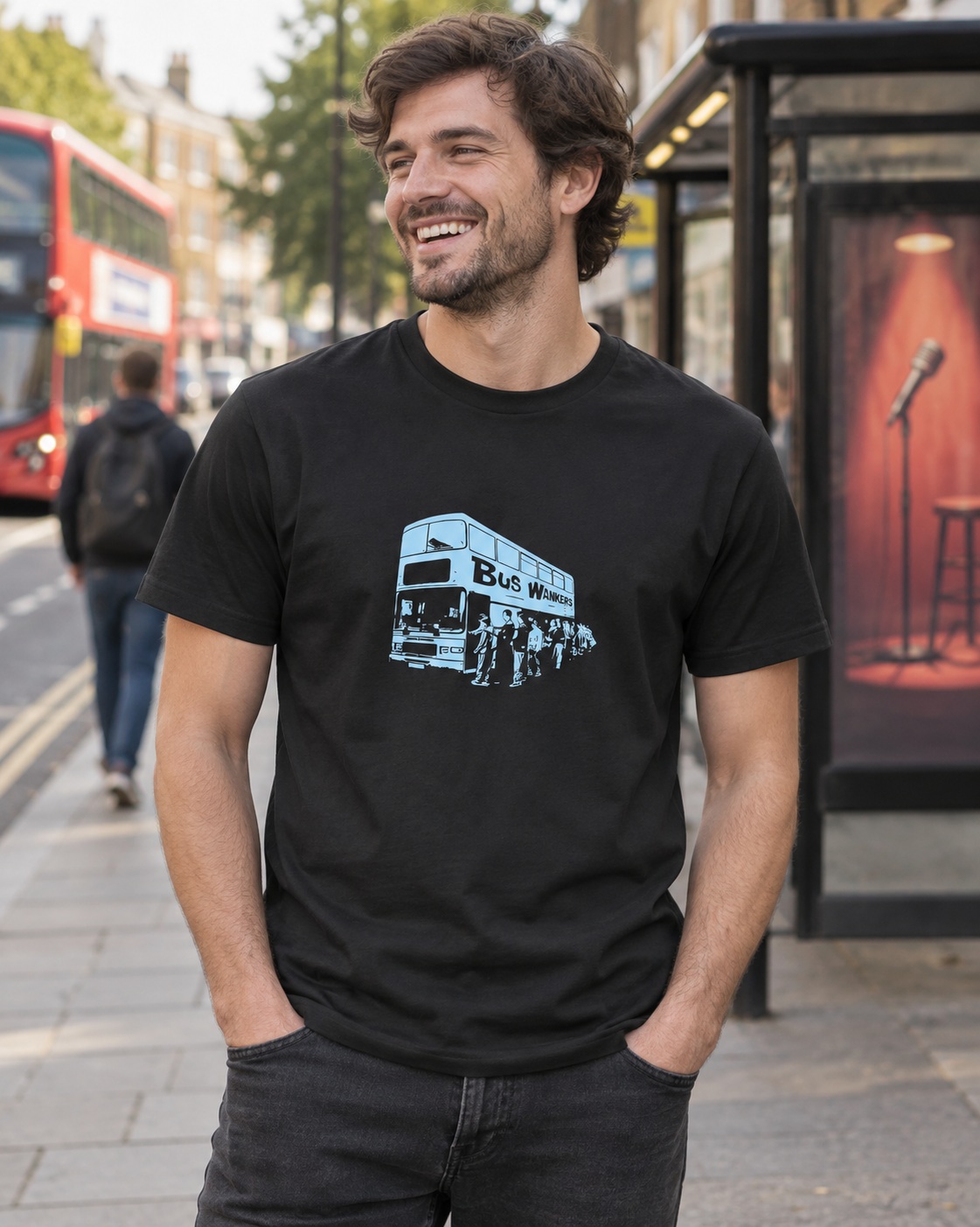 Bus Wankers T-Shirt inspired by The Inbetweeners in Black, lifestyle image at a bus stop