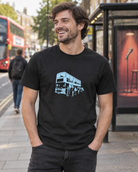 Thumbnail for Bus Wankers T-Shirt inspired by The Inbetweeners in Black, lifestyle image at a bus stop