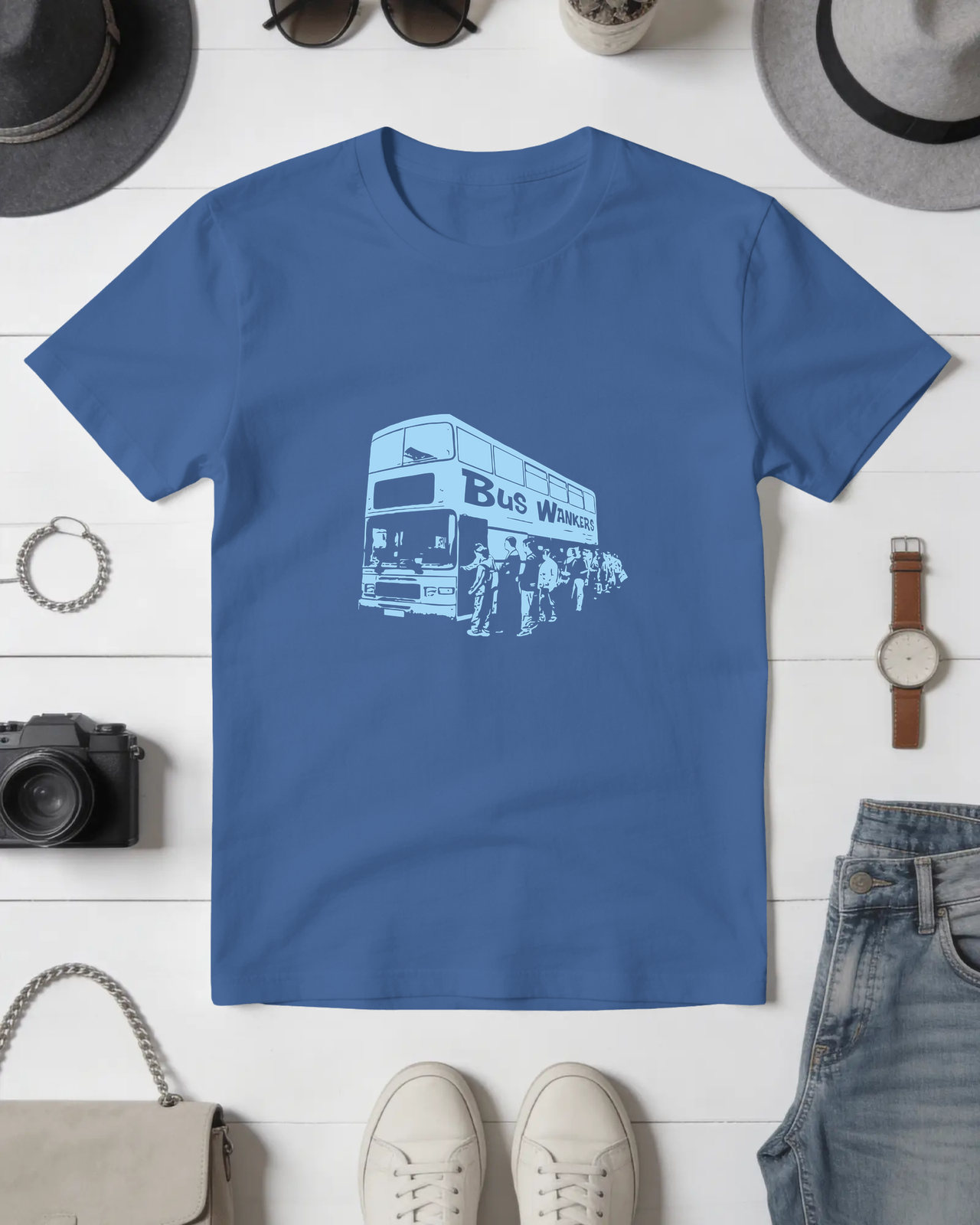 Bus Wankers T-Shirt inspired by The Inbetweeners in Royal flat mockup