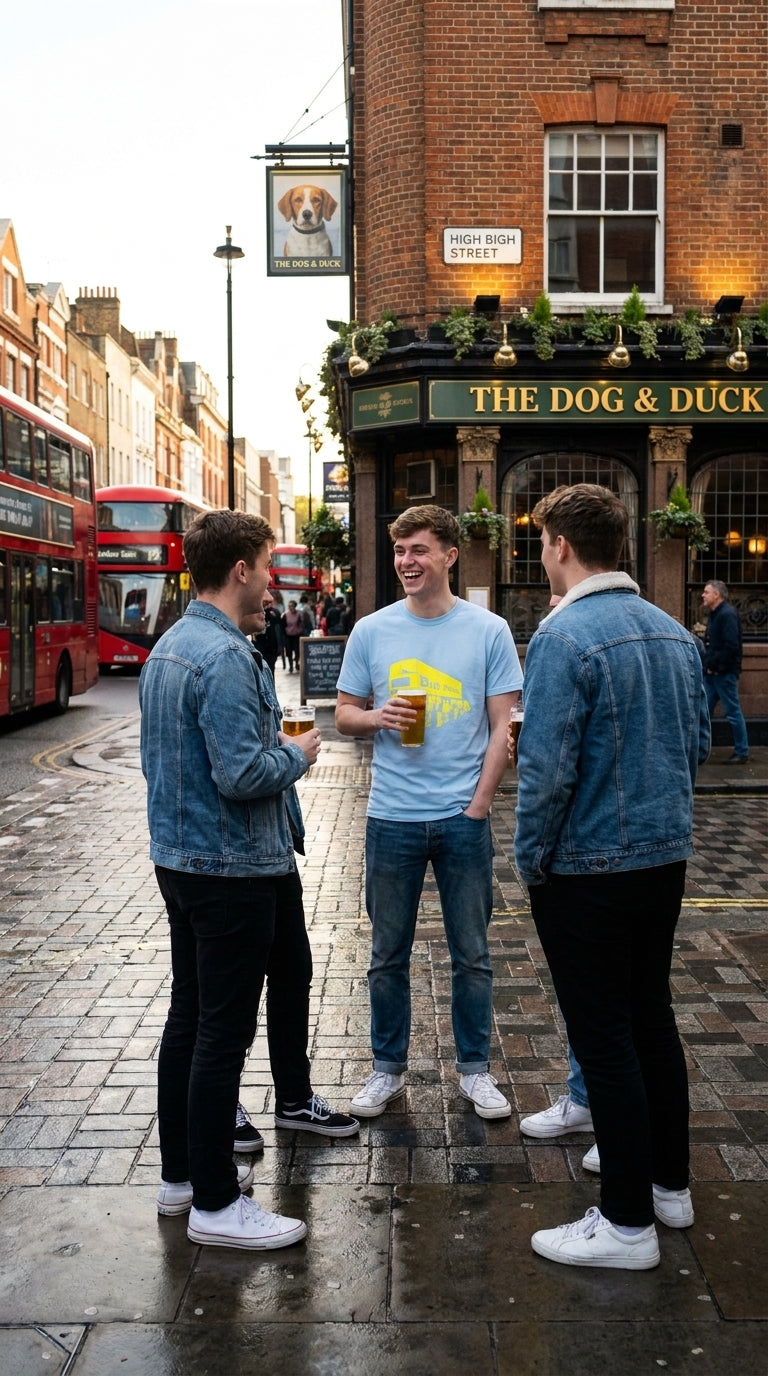 Bus Wankers T-Shirt inspired by The Inbetweeners in Light Blue on a British pub street