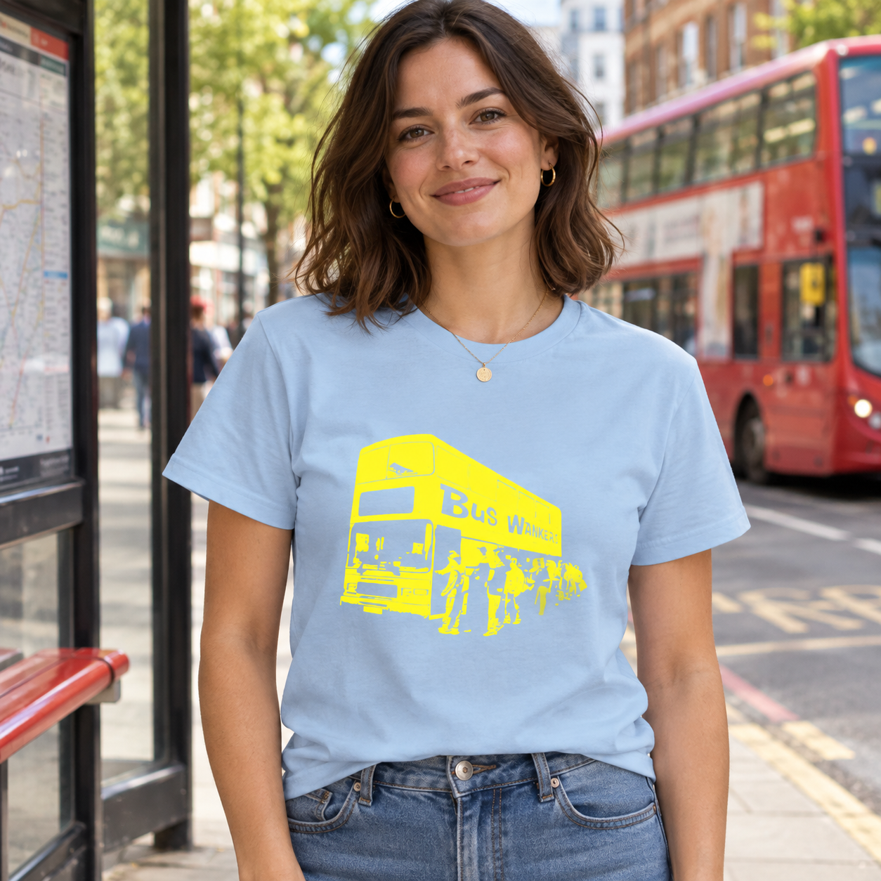 Bus Wankers T-Shirt inspired by The Inbetweeners in Light Blue, lifestyle image at a bus stop