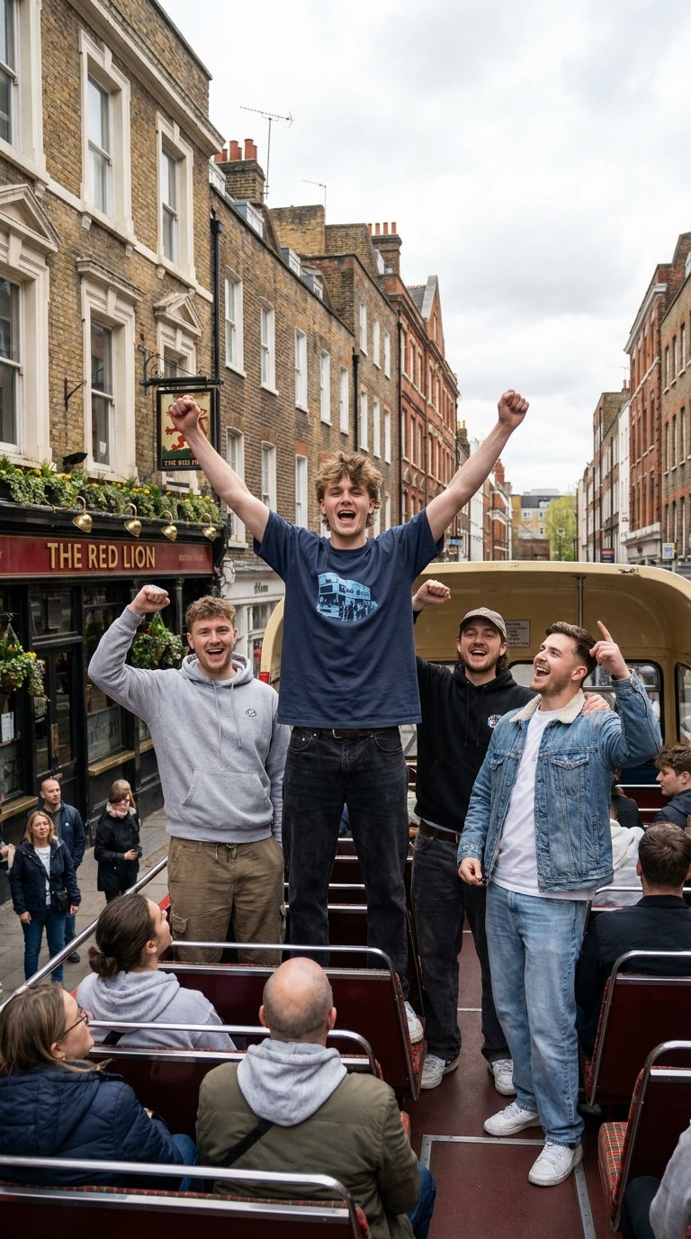 Bus Wankers T-Shirt inspired by The Inbetweeners in Navy on an open top bus