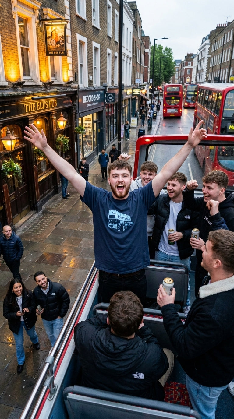 Bus Wankers T-Shirt inspired by The Inbetweeners in Royal with a double decker bus scene