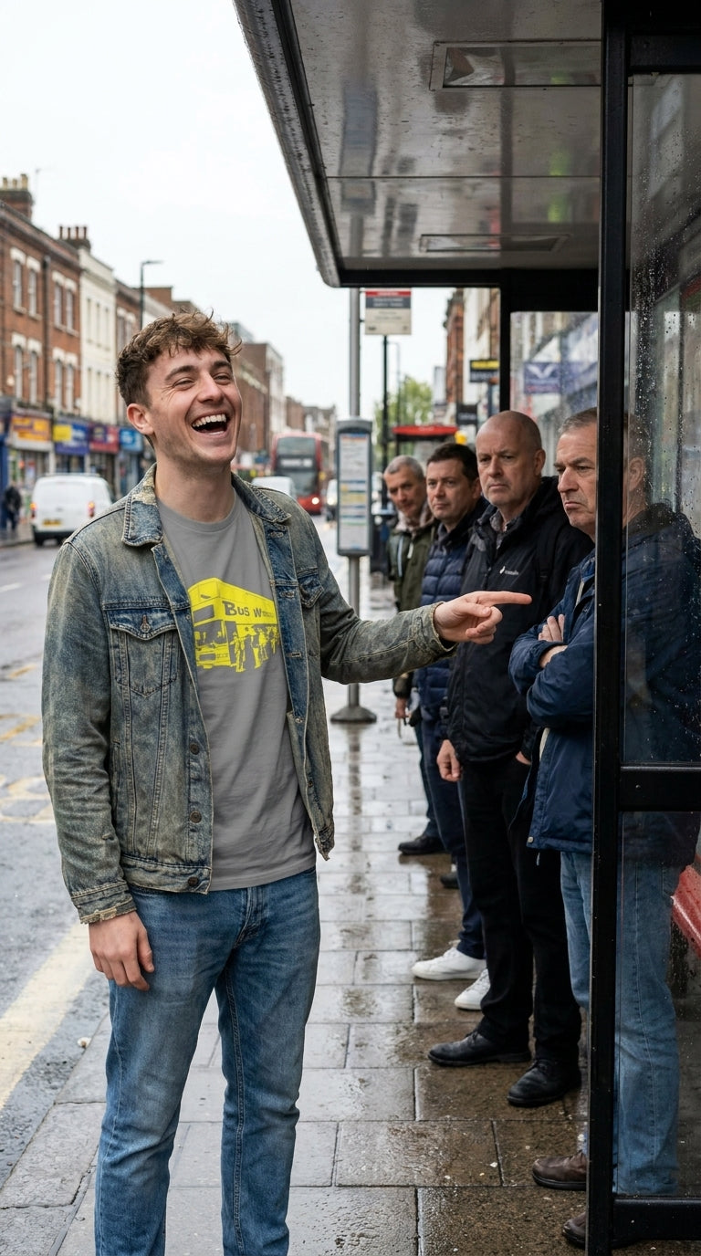 Bus Wankers T-Shirt inspired by The Inbetweeners in Sport Grey at a bus stop