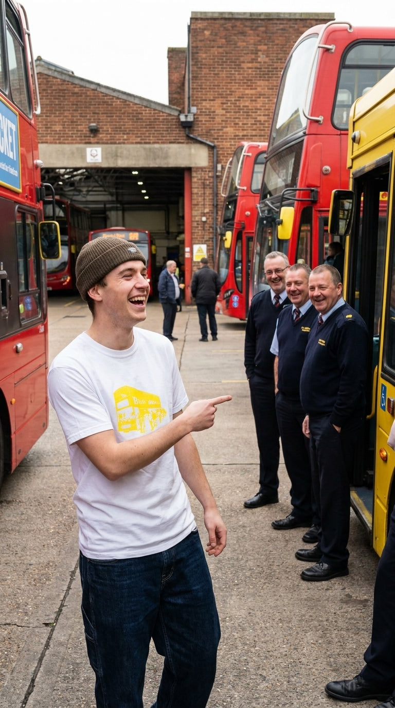 Bus Wankers T-Shirt inspired by The Inbetweeners in White at a bus depot