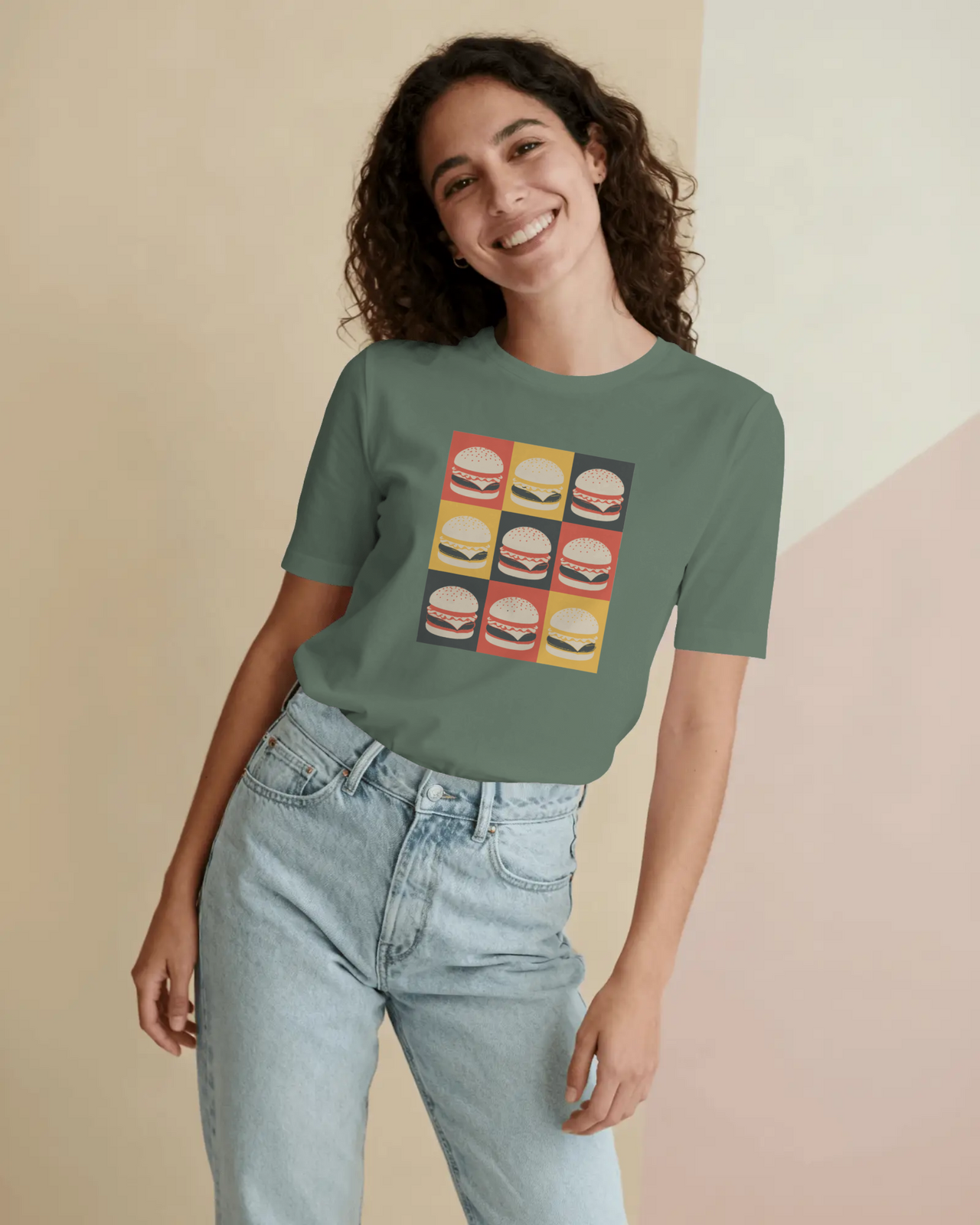 Char B. Burger Pop Art graphic T-shirt in military green, unisex burger graphic tee by 8Ball