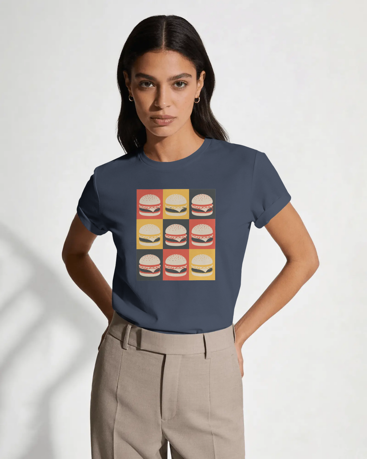 Char B. Burger Pop Art graphic T-shirt in navy, unisex foodie travel tee by 8Ball