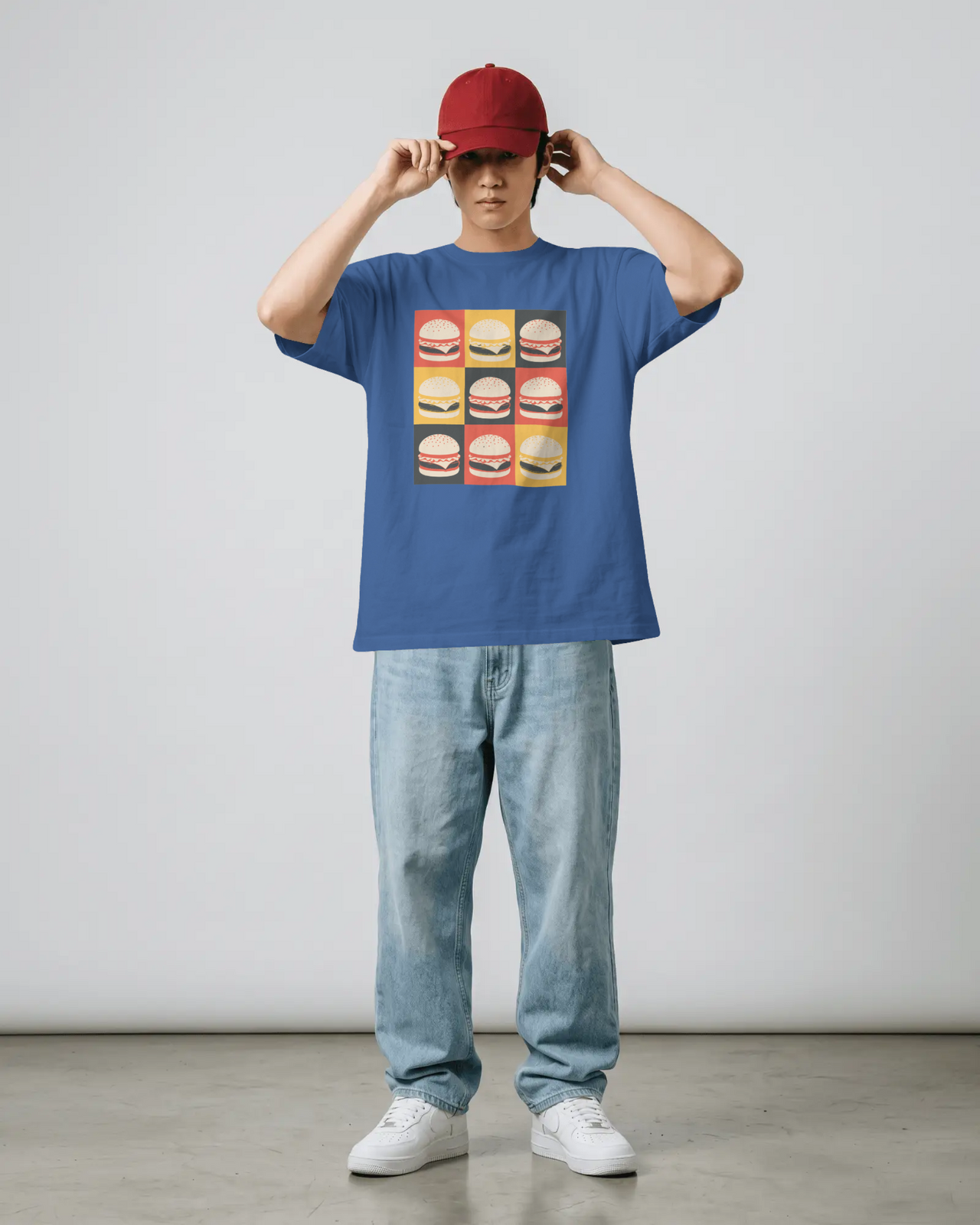 Char B. Burger Pop Art graphic T-shirt in royal blue, unisex fast food streetwear tee by 8Ball