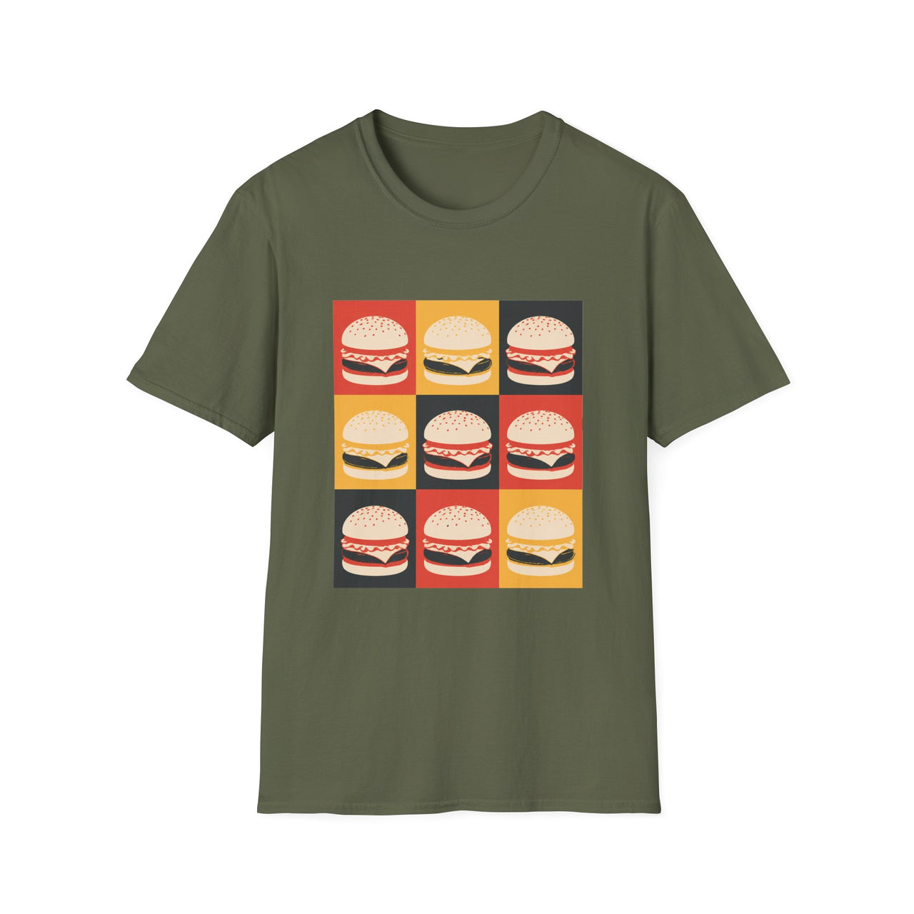 Char B. Burger Pop Art graphic T-shirt in military green, unisex burger graphic tee