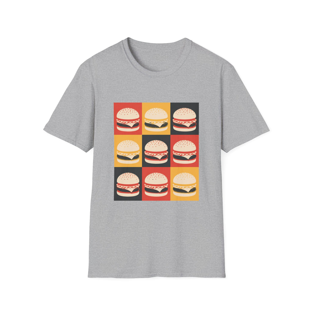 Char B. Burger Pop Art graphic T-shirt in sport grey, unisex burger streetwear tee 