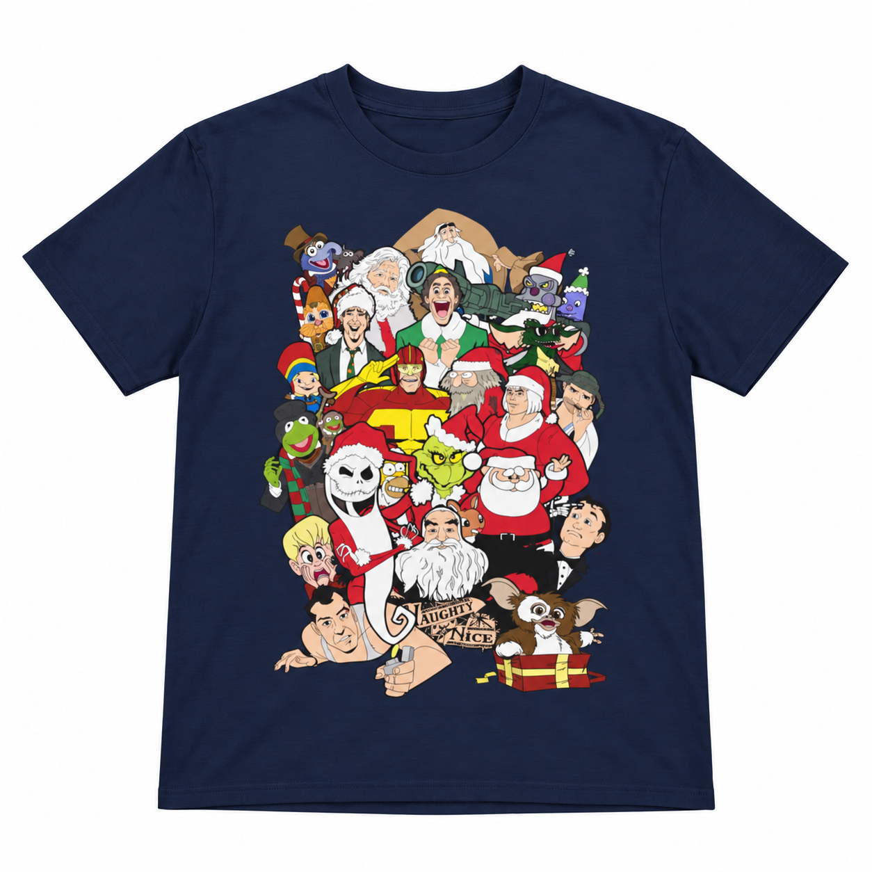 Front flat mockup of the navy Christmas Chaos unisex T-shirt with its festive character collage.