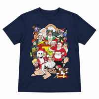 Thumbnail for Front flat mockup of the navy Christmas Chaos unisex T-shirt with its festive character collage.