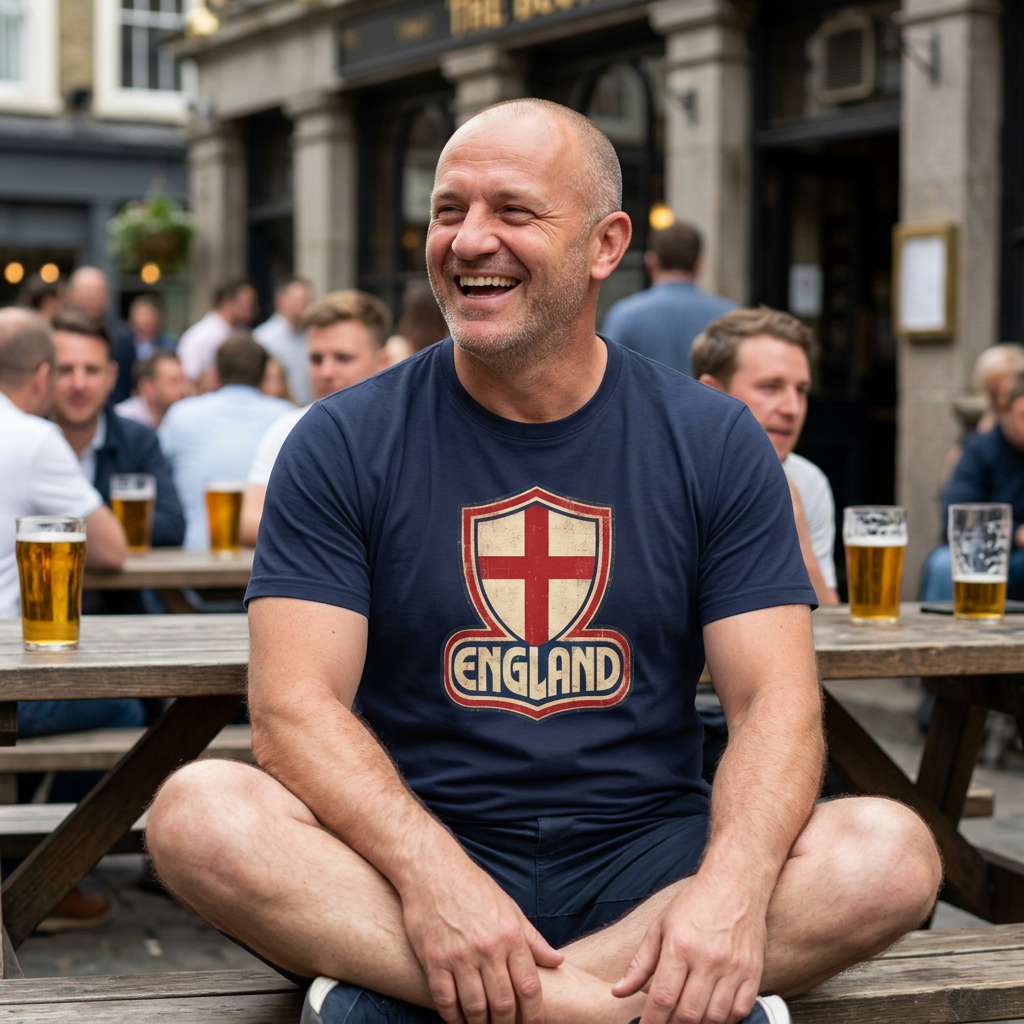 Man wearing the navy England St George Retro T-Shirt outside a pub with drinks and football supporters in the background.
