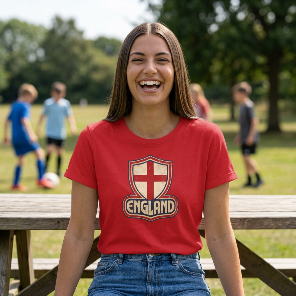 Woman wearing the red England St George Retro T-Shirt in a park with children playing football in the background.
