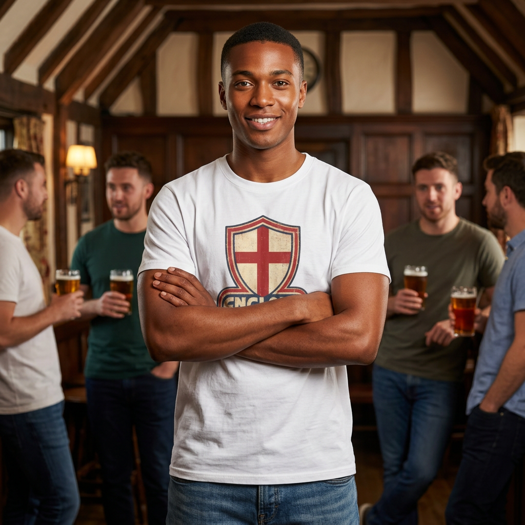 Man wearing the white England St George Retro T-Shirt in a pub with friends holding drinks in the background.
