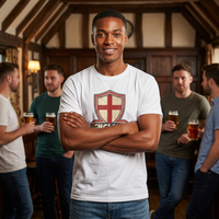 Thumbnail for Man wearing the white England St George Retro T-Shirt in a pub with friends holding drinks in the background.
