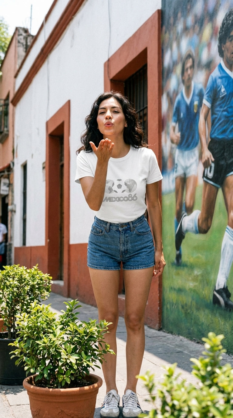 Football Couture Mexico 86 T-Shirt in White, Mexico City football mural lifestyle