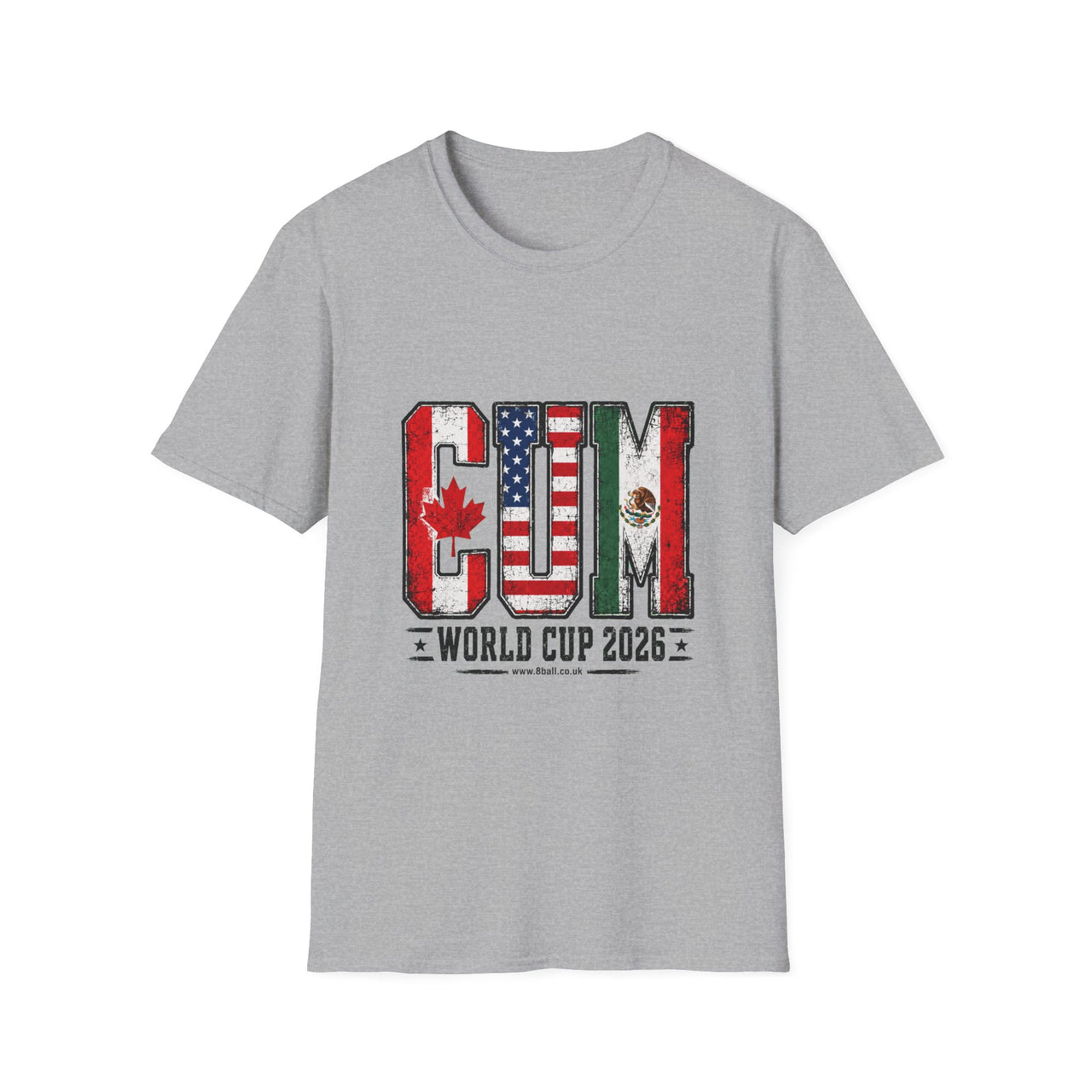 Gray t-shirt with world cup 2026 design featuring flags on a white background