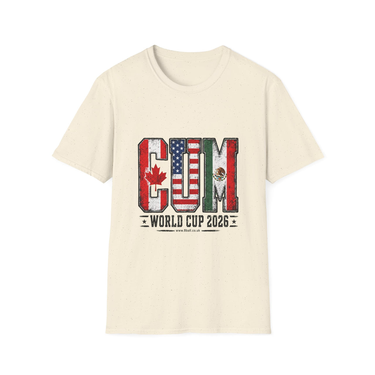 Beige t-shirt with World Cup 2026 design featuring flags on a white background