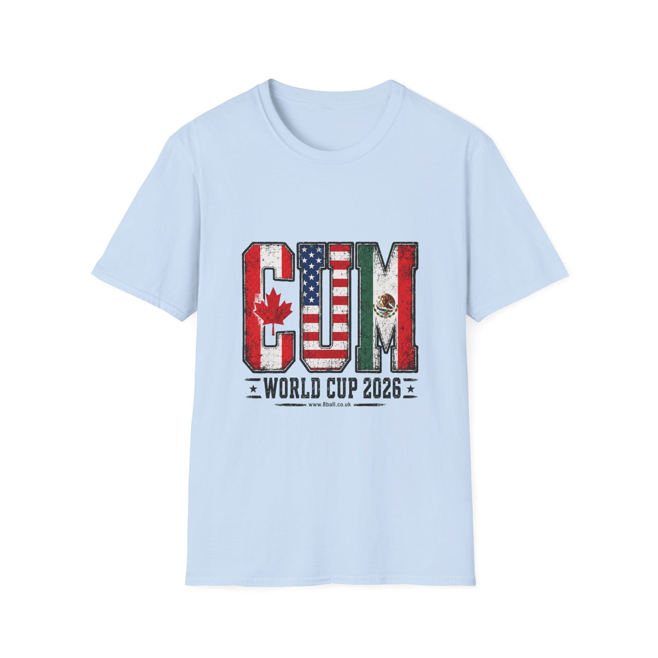 Light blue t-shirt with world cup 2026 design featuring flags on a white background
