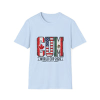 Thumbnail for Light blue t-shirt with world cup 2026 design featuring flags on a white background