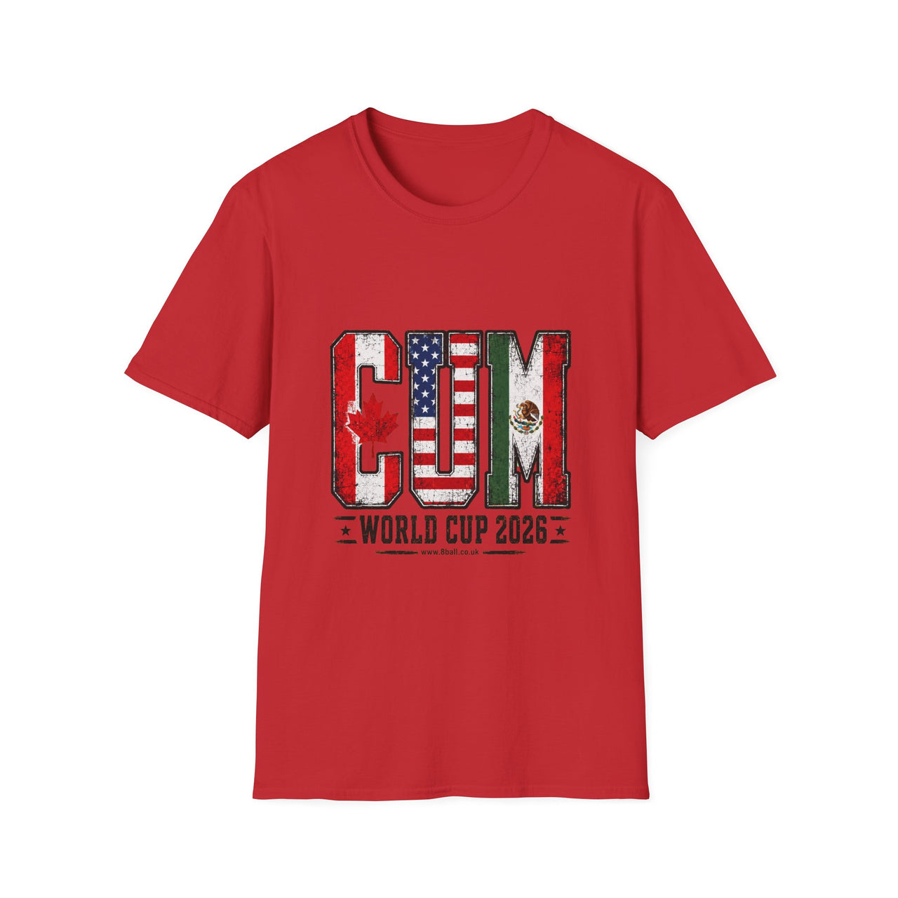 Red t-shirt with 'C U M World Cup 2026' graphic on a white background