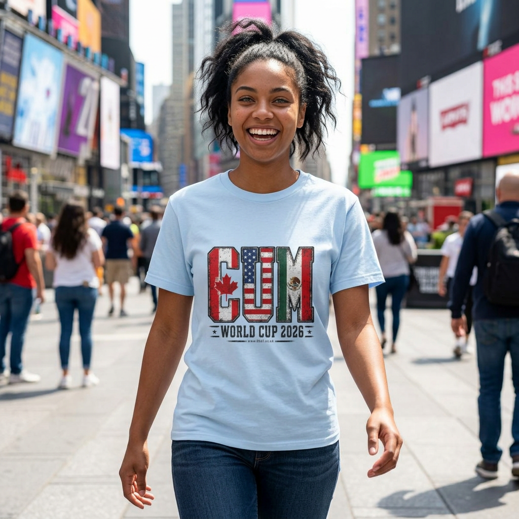 Person wearing a light blue t-shirt with a World Cup 2026 design in Times Square, New York City.