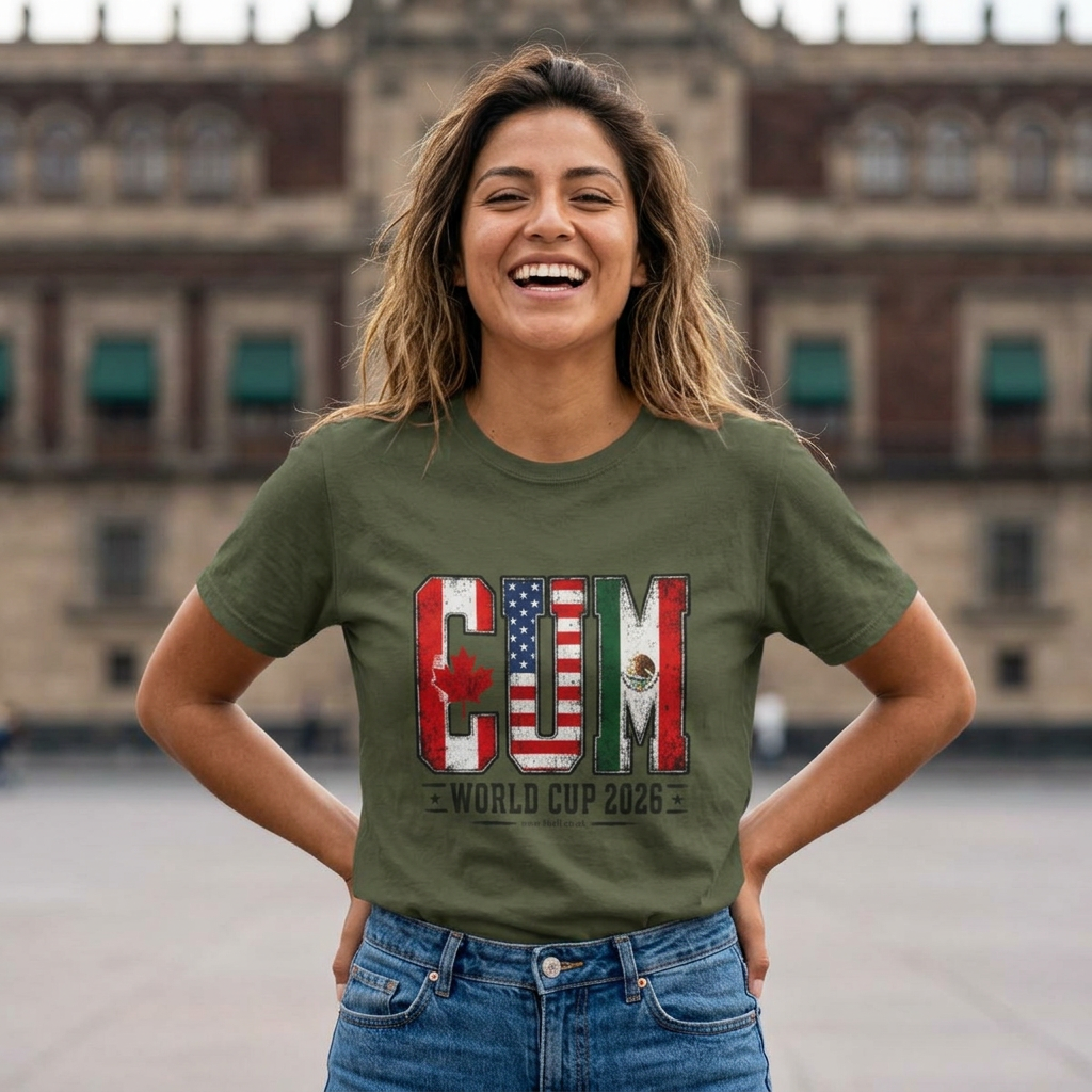Woman wearing a green t-shirt with a World Cup 2026 design, standing in front of a building.