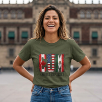 Thumbnail for Woman wearing a green t-shirt with a World Cup 2026 design, standing in front of a building.