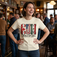 Thumbnail for Woman wearing a t-shirt with 'CUM World Cup 2026' design in a pub setting