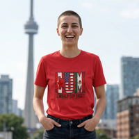 Thumbnail for Person wearing a red t-shirt with a graphic design in an urban setting