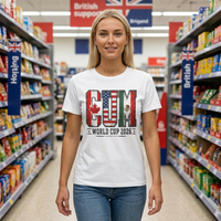 Thumbnail for Woman wearing a white t-shirt with 'CUM' design in a supermarket aisle.