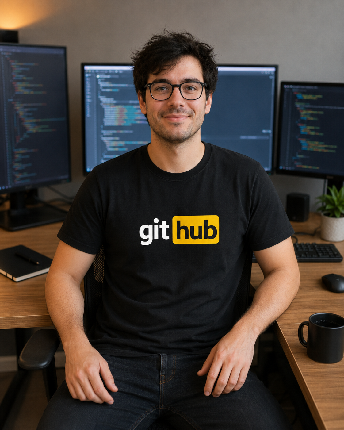 Git Hub developer humour t-shirt in black worn in a software developer workspace