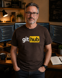 Thumbnail for Git Hub developer humour t-shirt in dark chocolate worn in a tech workspace