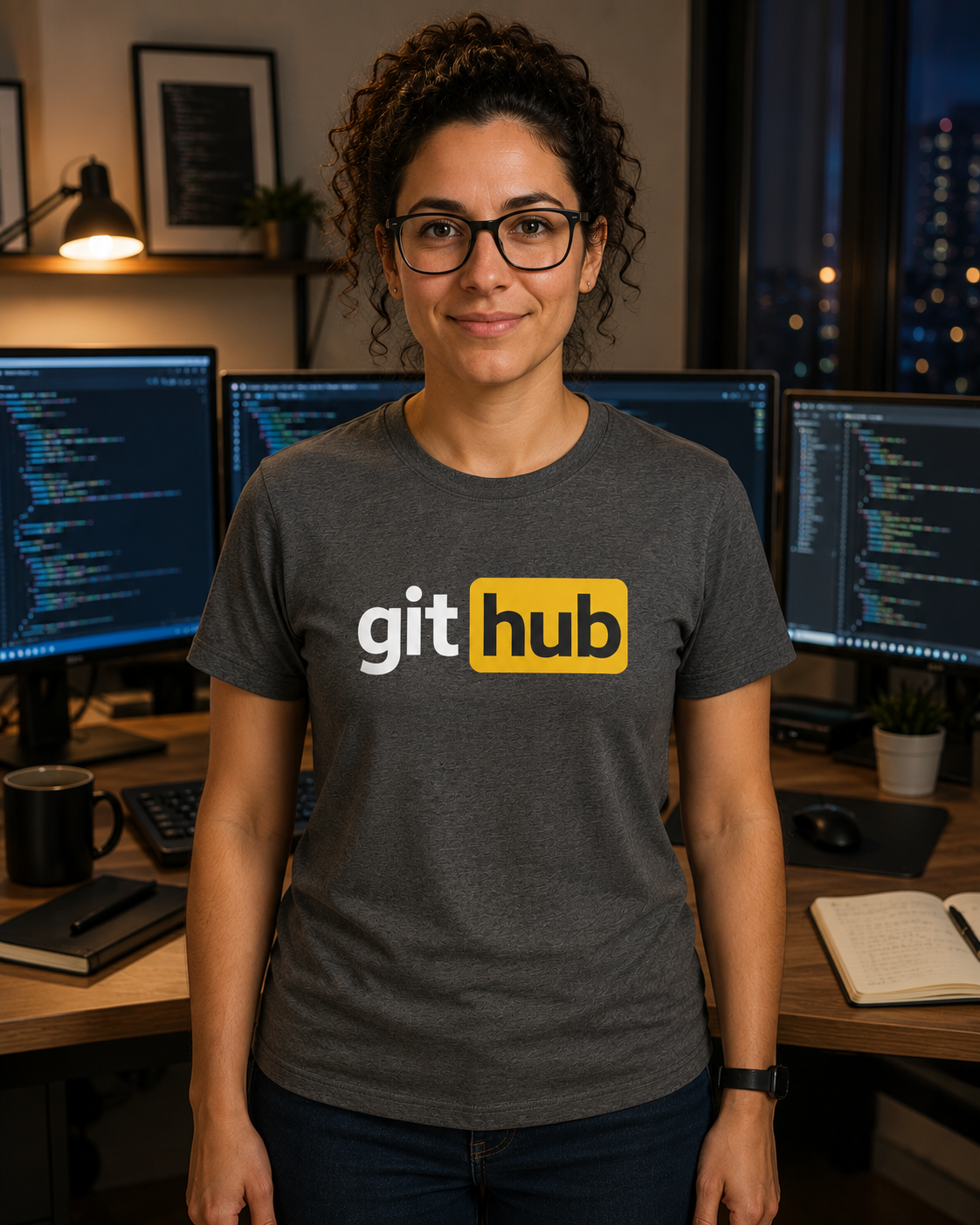 Git Hub developer humour t-shirt in dark heather worn in an evening coding workspace